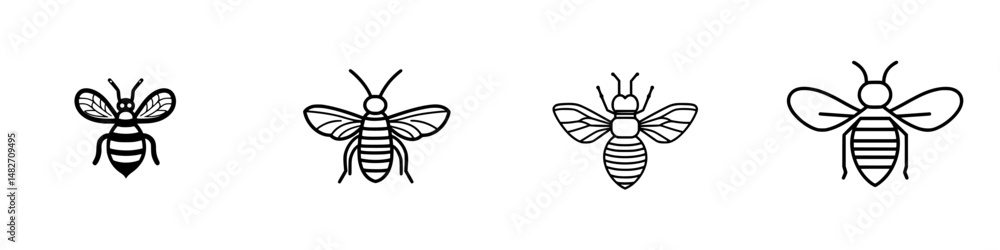 Poster vector illustration of four distinct bee designs showcasing various styles and features in a clear, 