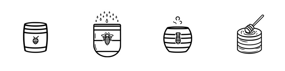 Fototapeta premium Vector illustration of honey barrels showcasing honey production process and its uses in various forms