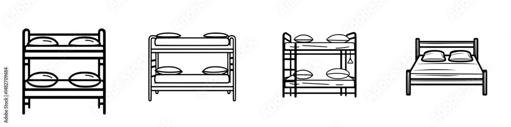 Poster bunk bed and bed vector illustrations showcase different styles for various spaces and needs in a mi