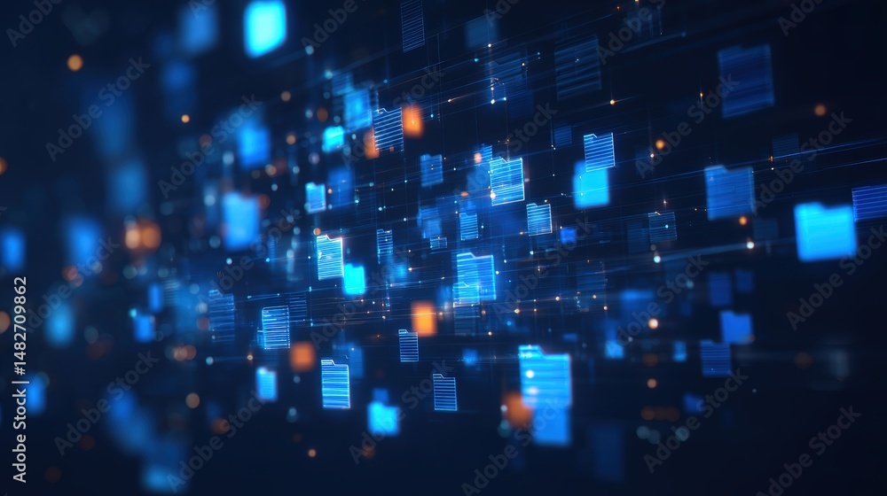 Poster abstract network grid with files and folders, futuristic software interface, digital document manage