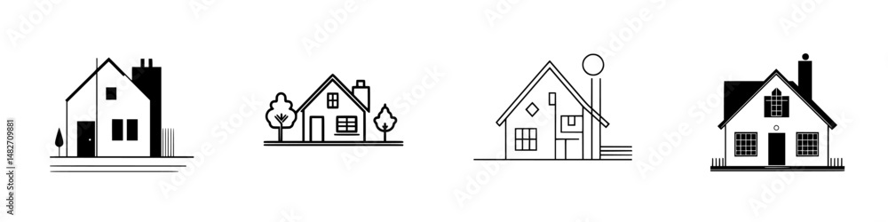 Poster vector illustration featuring four distinct house designs in a minimalist style showcasing home arch