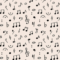 Hand-drawn seamless pattern with music notes and rests for Global Music Events.Seamless pattern with playful hand-drawn music elements on pastel background. Ideal for posters, wraps, or fabric.