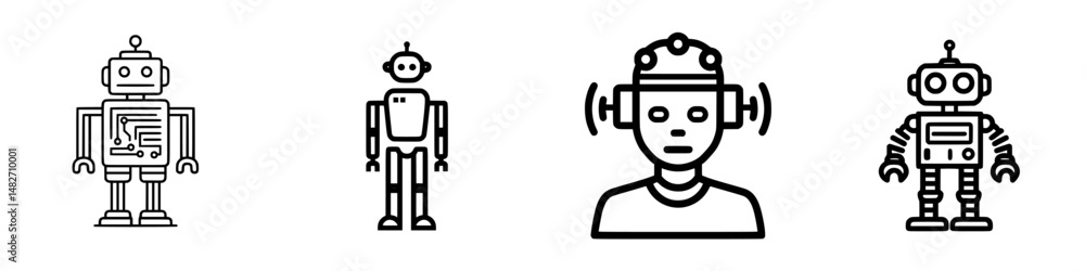 Aufkleber vector illustration icons featuring robots and a human with virtual headgear in a modern technologic