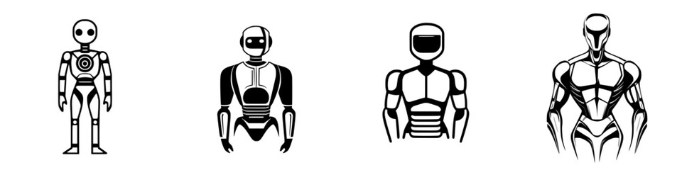 Diverse collection of vector illustration icons showcasing various humanoid robot designs and features