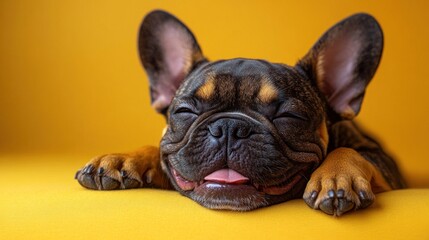 Adorable Sleeping Frenchie Puppy on Yellow Background