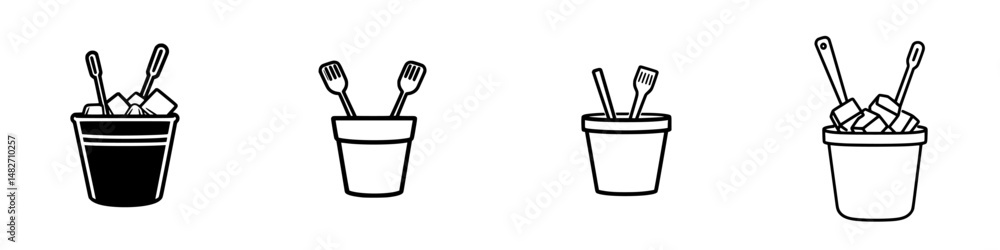 Poster unique vector illustrations of various bucket designs featuring tools for cleaning and organizing in