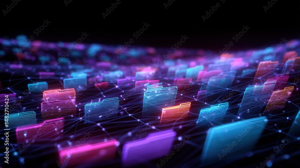 Poster abstract network grid with files and folders, futuristic software interface, digital document manage