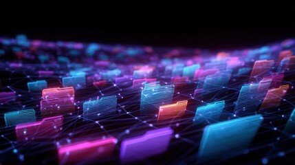 Obraz premium Abstract network grid with files and folders, futuristic software interface, digital document management system, store, search and organize documents, corporate business, paperless office. banner,