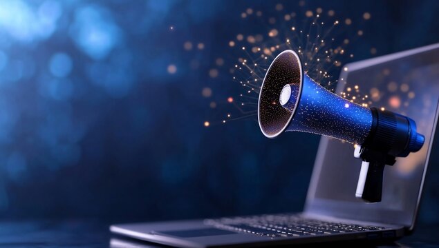 Digital communication, a megaphone emerging from a laptop