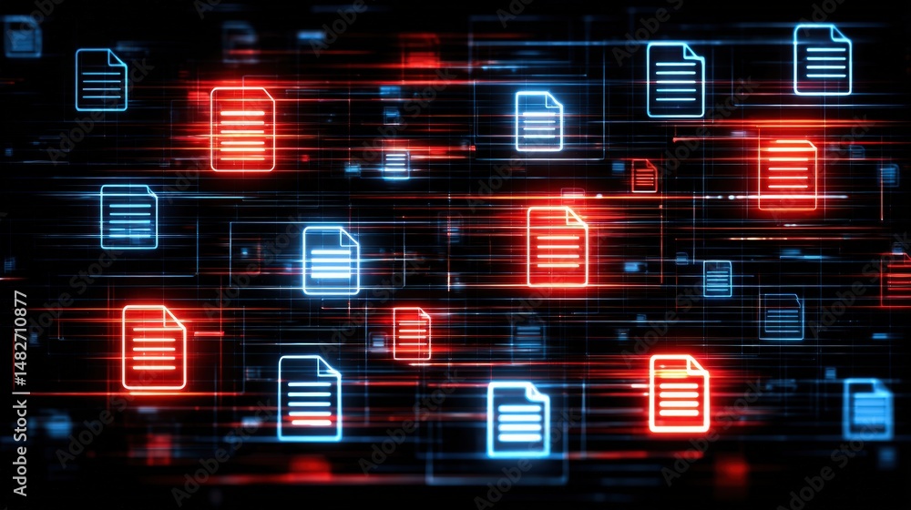 Poster abstract network grid with files and folders, futuristic software interface, digital document manage