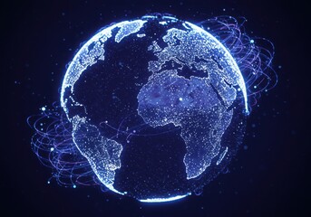 Glowing digital earth with network connections on a dark blue background view