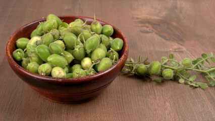 Fresh Green chickpeas on a branch, and in the pod, isolated on wooden background.