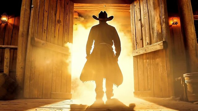 A man in a cowboy hat is standing in the doorway of a cabin