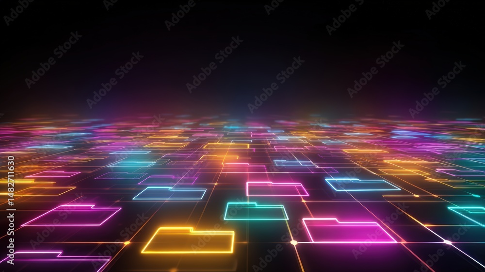 Poster abstract network grid with files and folders, futuristic software interface, digital document manage