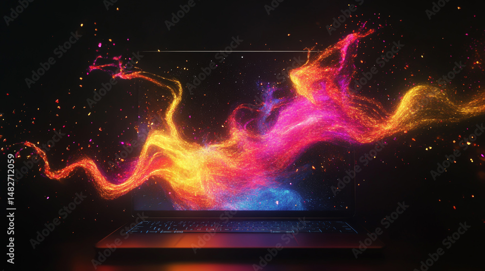 Poster abstract fluid shape in motion, made from colorful glowing particles flowing and splashing on a blac