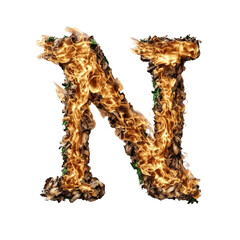 Fototapeta premium Burning letter N made of flames with green leaves and dark charred edges on white background