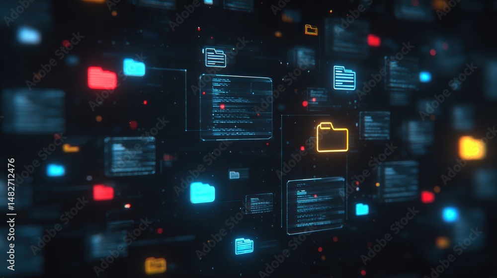 Poster abstract network grid with files and folders, futuristic software interface, digital document manage