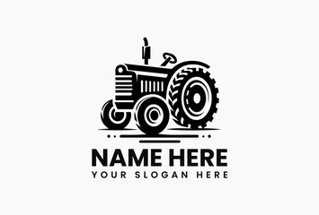 Simple black outline of historical agricultural tractor with distinctive wheels on white background. Farming equipment concept