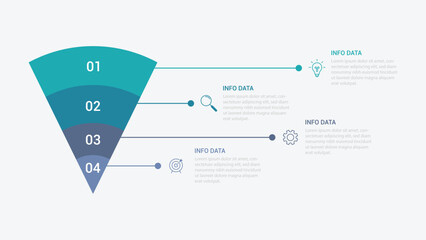 infographic 4 point stage template with funnel reverse pyramid with unbalance text description for slide presentation vector