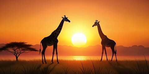 Minimalist Giraffe Duo: Two African Giraffes in Serengeti Landscape