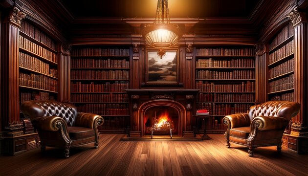a grand victorian study 3d background room with dark wooden paneling vintage leather armchairs and towering bookshelves filled with ancient tomes a glowing fireplace casts warm shadows enhancing