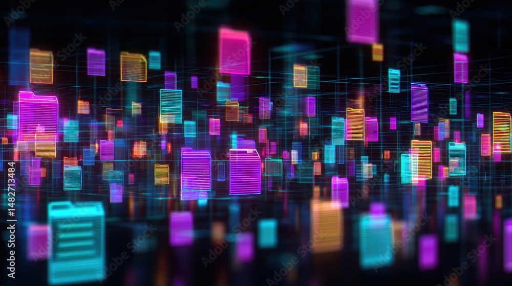 Poster abstract network grid with files and folders, futuristic software interface, digital document manage