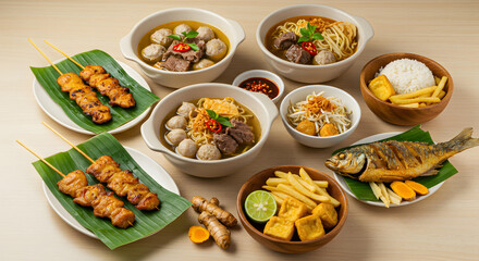Diverse Asian Cuisine Satay Skewers Noodle Soups Golden Fried Fish and Fries on a Wooden Surface