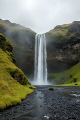 Skogafoss waterfall, Southern Iceland, Iceland, Europe. Icelandic natural cascade falls from mountains rocks and cliff, amazing view