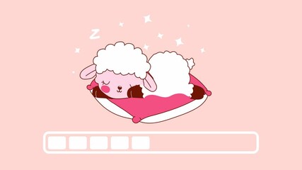 Looping animation of a cute sleeping sheep on a pink pillow with a progress bar, cartoon style on transparent background