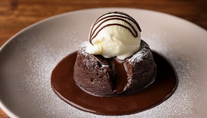 decadent chocolate dessert with molten center topped with vanilla ice cream and drizzled with rich chocolate sauce creating mouthwatering treat