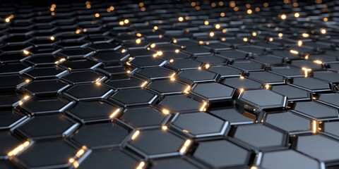 Obraz premium Black hexagon grid pattern with glowing yellow lights in a futuristic style 