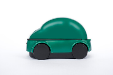 A dark tosca green toy car model isolated on white background.