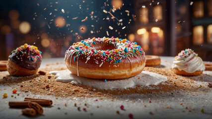 Delicious glazed donut topped with colorful sprinkles, surrounded by other sweet pastries and cinnamon sticks on a textured surface