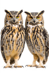 Fototapeta premium Captivating portrait of two watchful owls standing majestically on white background