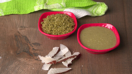 Coconut chutney in a bowl with raw coconut and green chilli ,Served with dosa, idli, vada
