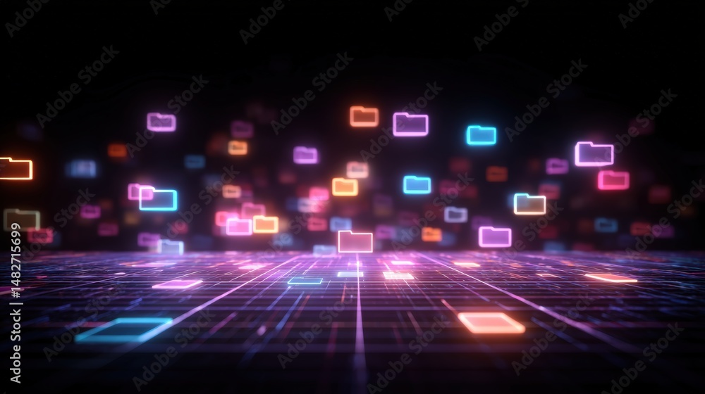 Poster abstract network grid with files and folders, futuristic software interface, digital document manage