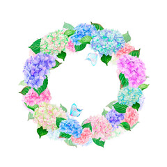Watercolor hydrangea flower wreath is hand drawn, composed of pink, purple blue, coral and beige hydrangea flowers, leaves and blue butterflies.