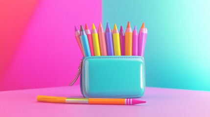 Colorful 3d illustration of a playful pencil case filled with vibrant crayons, markers, and pens on a soft pastel background, ideal for school and back-to-school education themes
