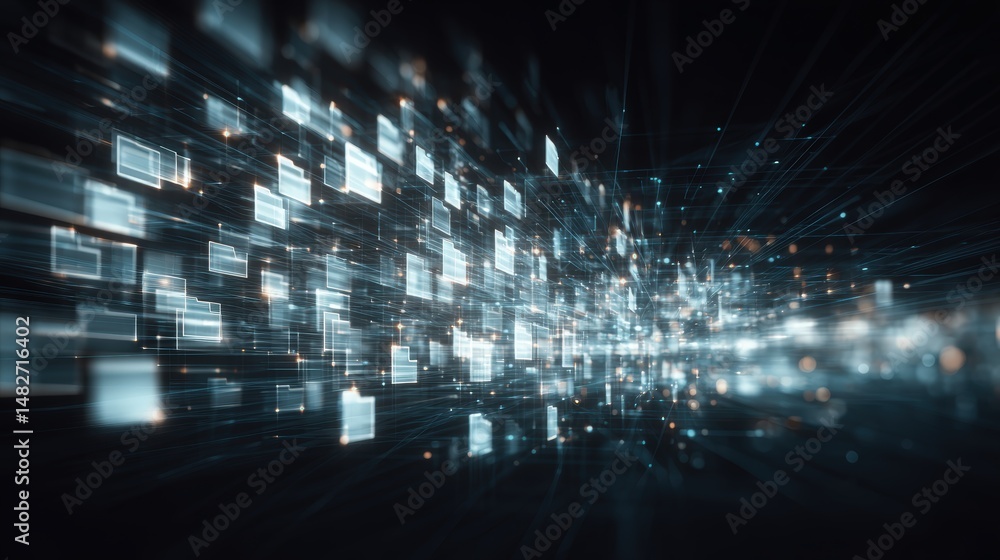 Poster abstract network grid with files and folders, futuristic software interface, digital document manage