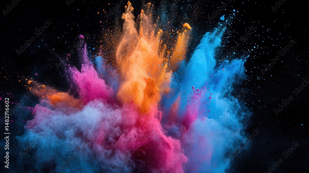 Poster vivid color powder erupts in dynamic patterns, set against a stark black background