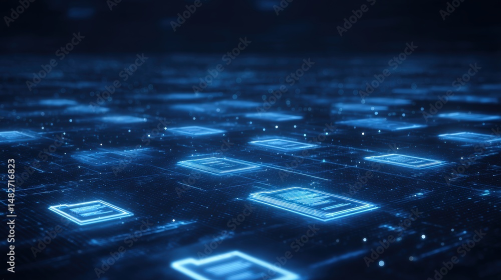 Poster abstract network grid with files and folders, futuristic software interface, digital document manage