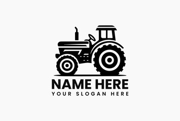 Minimalist black silhouette of antique farm tractor with oversized wheels on pure white background. Rural life concept