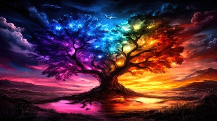 Obraz premium Colorful mystical tree at dawn