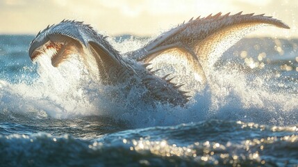 Fototapeta premium fierce sea dragon with large, wing-like fins, leaping out of the water and creating a massive splash, its scales glistening in the sunlight