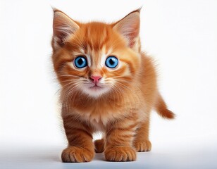 Obraz premium cute orange kitten with big blue eyes standing on a white isolated background