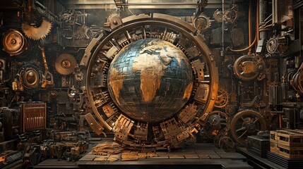 Obraz premium A Steampunk-inspired world trade scene, where gears and cogs form a mechanical globe, illustrating industrial-era global commerce reimagined with AI. 
