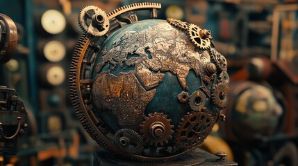 A Steampunk-inspired world trade scene, where gears and cogs form a mechanical globe, illustrating industrial-era global commerce reimagined with AI. 