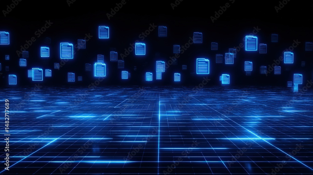 Poster abstract network grid with files and folders, futuristic software interface, digital document manage
