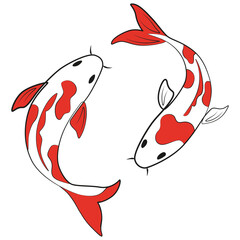Two red Japanese fishes illustration on a white background. Hand drawn koi fish. Koi carp line drawing. Japanese fish art. Korean animal. Yin yang symbol.