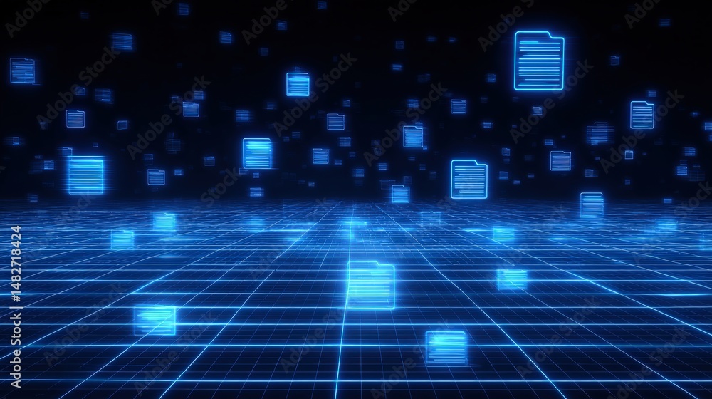 Poster abstract network grid with files and folders, futuristic software interface, digital document manage
